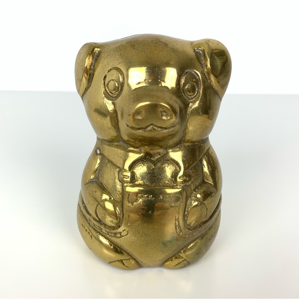 Brass Pig Piggie Bank Vintage Gold Colored Heavy Sitting Smiling Cute Adorable